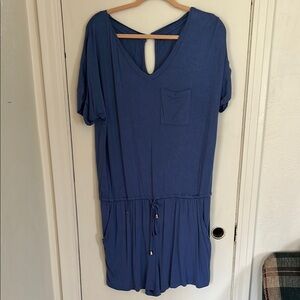 Blue V-Neck Romper with Pocket
